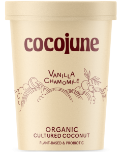 Cocojune brown paper tub of organic cultured coconut yogurt in the vanilla chamomile flavor. 