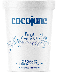 A white container of Cocojune pure coconut organic dairy-free yogurt.