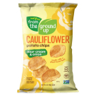 Real Food From the Ground Up Cauliflower Potato Chips Sour Cream & Onion flavor in a yellow bag. Bag reads, "Snacks with a plant-based twist."