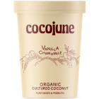 Cocojune brown paper tub of organic cultured coconut yogurt in the vanilla chamomile flavor. 