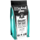 A black and teal bag of Wicked Joe Organic Fair Trade Wicked Italian ground coffee.