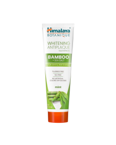 Himalaya Botanique Whitening Antiplaque toothpaste, bamboo and sea salt toothpaste in a white and green tube.