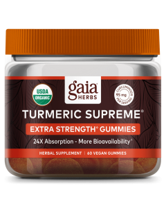 Gaia herbs turmeric supreme extra strength gummies with 60 vegan gummies. In an orange and clear jar.