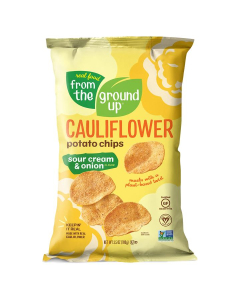 Real Food From the Ground Up Cauliflower Potato Chips Sour Cream & Onion flavor in a yellow bag. Bag reads, "Snacks with a plant-based twist."