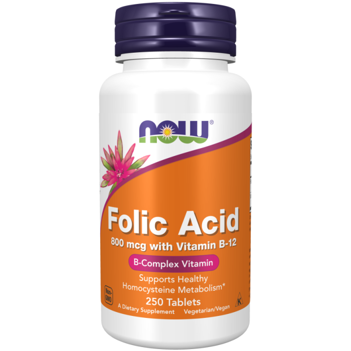 NOW Foods Folic Acid 800 mcg with Vitamin B-12 - 250 Tablets