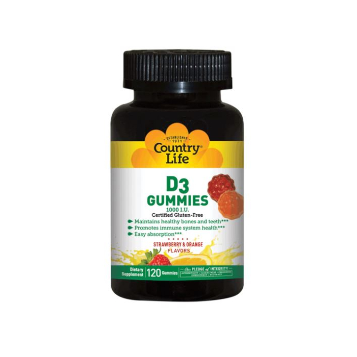 Country Life Strawberry & Orange D3 Gummies, 120 Count