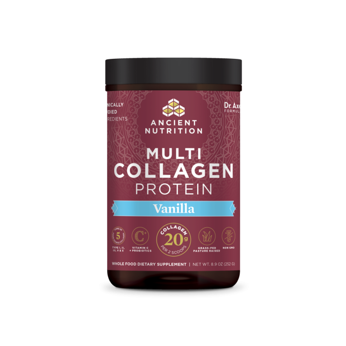 Ancient Nutrition Multi Collagen Protein Peptides Powder, vanilla flavor in a maroon tub.