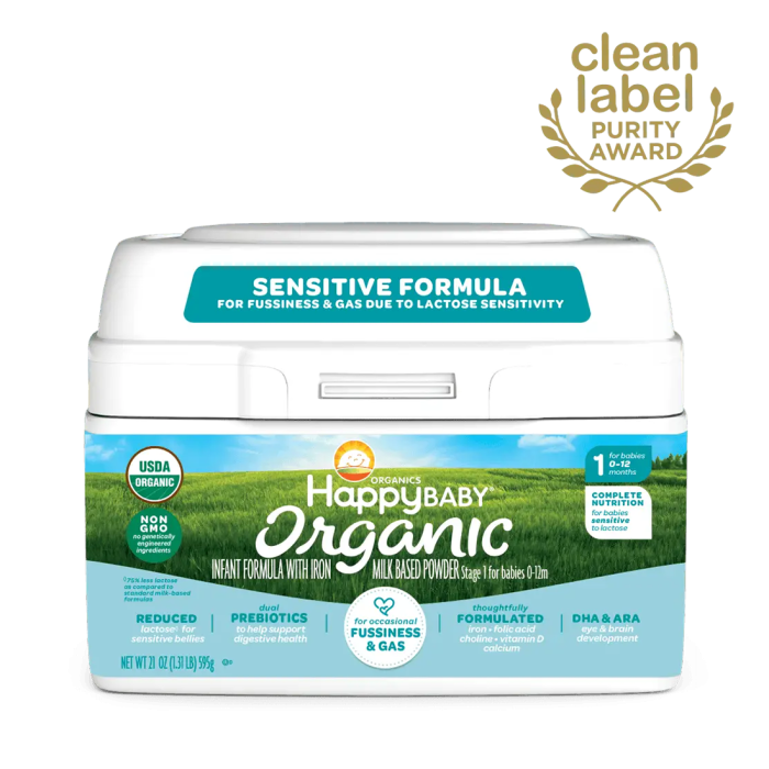 Happy Baby Organics Infant Formula, Milk Based Powder Sensitive Stage 1 - Front view