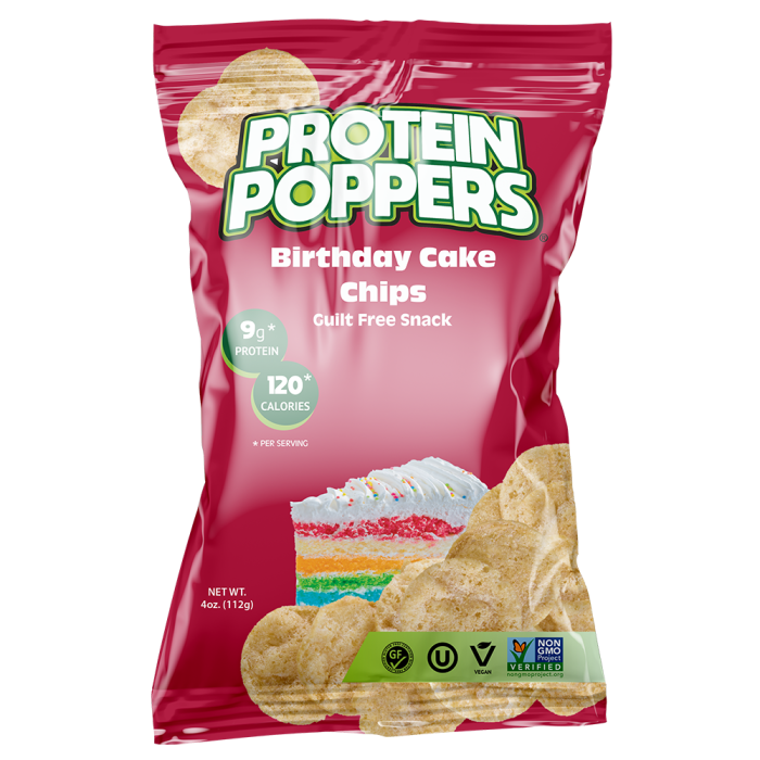 Protein Poppers Birthday Cake Chips - Front view