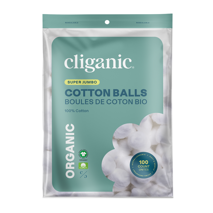 Cliganic Organic Super Jumbo Cotton Balls - Front view