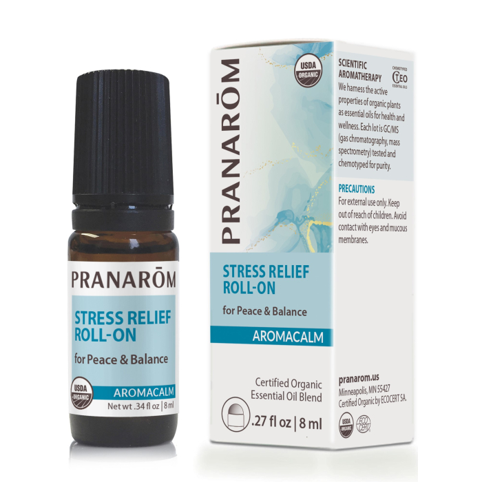 Pranarom Aromacalm Stress Relief Roll-On, 1 fl. oz. With a chic blue and white label.