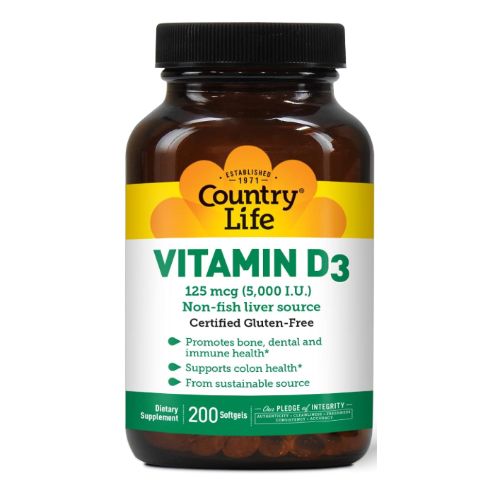 Country Life Vitamin D3 5000 IU, 200 softgels