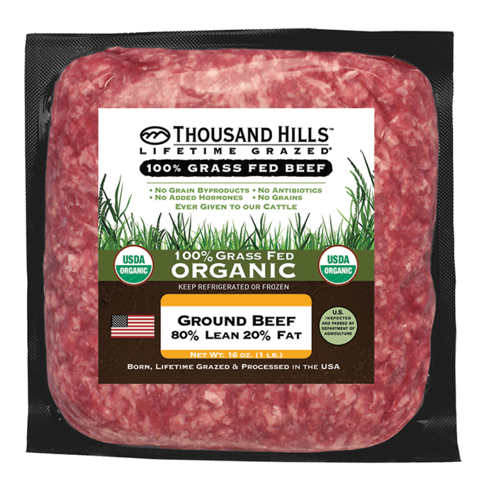 Thousand Hills Lifetime Grazed 80% Lean 20% Fat Grassfed Ground Beef - Front view