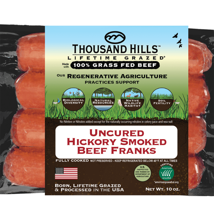 Thousand Hills Lifetime Grazed Hickory Smoked Beef Franks - Front view