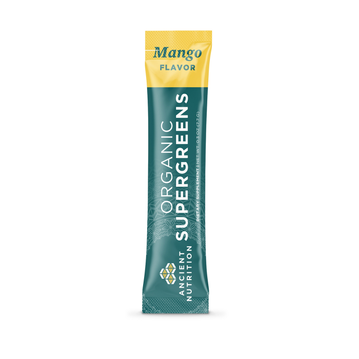 Ancient Nutrition Organic SuperGreens Mango Flavor Stick Packs - Front view