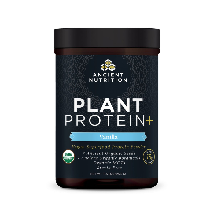 ancient nutrition plant plus protein in the vanilla flavor. Comes in a sleek, black container.