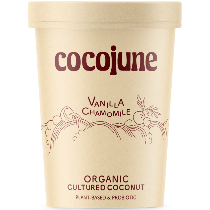 Cocojune brown paper tub of organic cultured coconut yogurt in the vanilla chamomile flavor. 